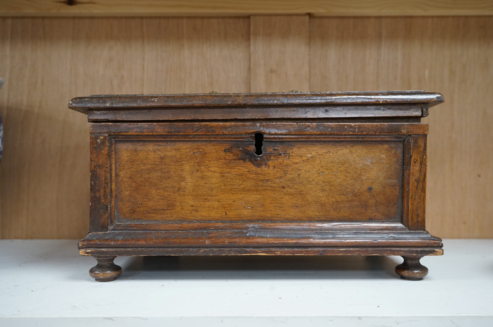 An early 18th century walnut box, till compartment to interior, 33cm wide. Condition - fair to good